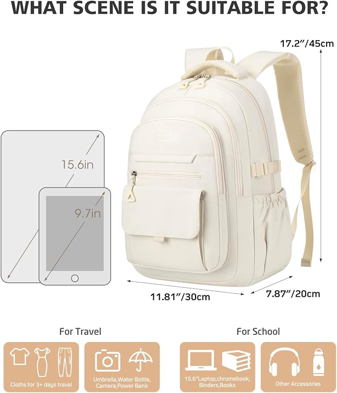 Cute Backpacks for Girls, Teens Aesthetic High School Laptop Backpack College Student Women Bookbag, Mochilas Escolares para Niñas, Beige