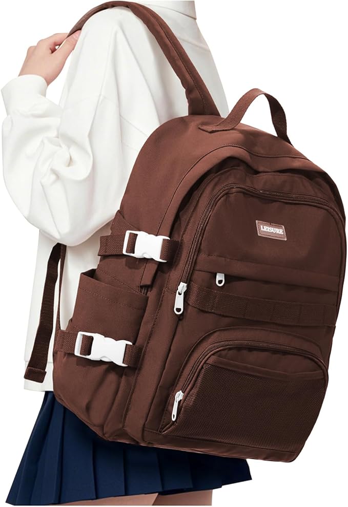 School Backpack for Teen Girls Boys Multi-pocket Middle School Bag Cute College Backpack for Women Men Elementary Student Bookbags Aesthetic Backpacks Casual Daypacks Coffee