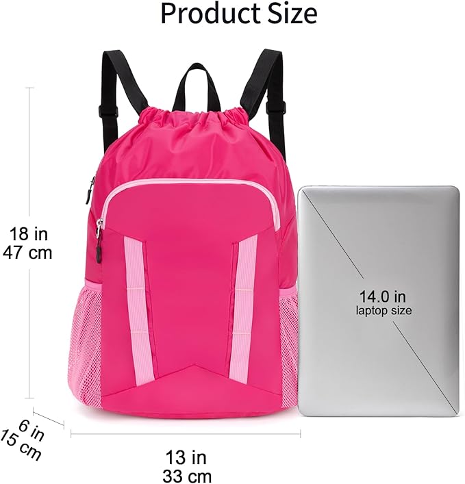 Drawstring Backpack for Kids Sports Gym Bag with Shoes Compartment, Water Resistant Beach Swim Bag String Backpack for Girls and Boys, Pink