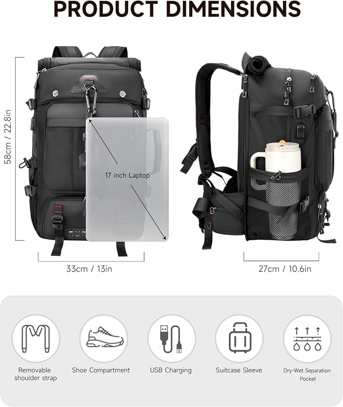 Travel backpack for men,60L Extra Large Carry on Backpack Durable Convertible Duffle Bag with Shoe Compartment Fit for 17 Inch Laptop for travel, camping,Weekender Hiking