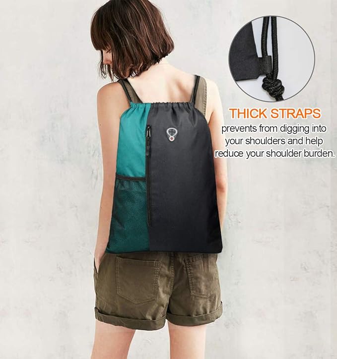 Drawstring Backpack Sports Gym Bag for Women Men Large Lightweight Backpack with Zipper and Water Bottle Mesh Pockets (Black/Teal)