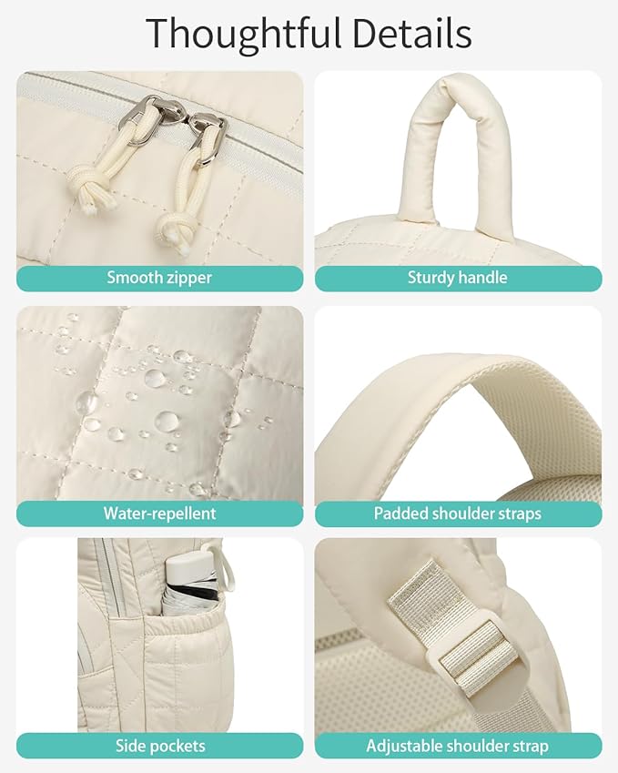 Cute School Backpacks for Teen Girls, 15.6in Laptop Backpack for College Women Bookbag Quilted Computer Bag for Work Casual, Beige