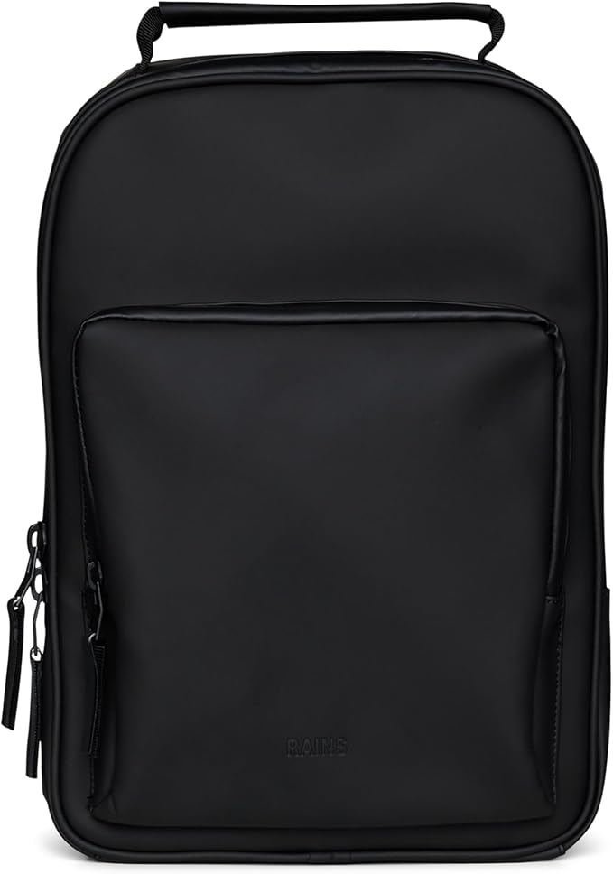 RAINS Book Daypack Regular Black Laptop Backpack for Men and Women, Waterproof Black Minimalist Commuter Bag with 15”-16"