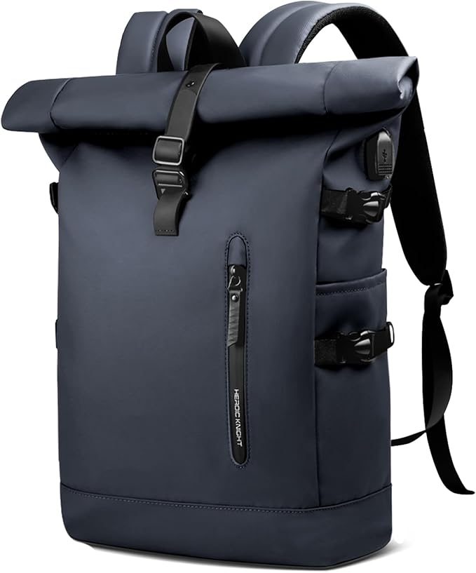 Rolltop Backpack for Men Women, 15.6 Inch Waterproof Travel Backpack with USB Charging Port, Expandable 18-27L Laptop Backpack Casual Daypack for Work Business College-Blue