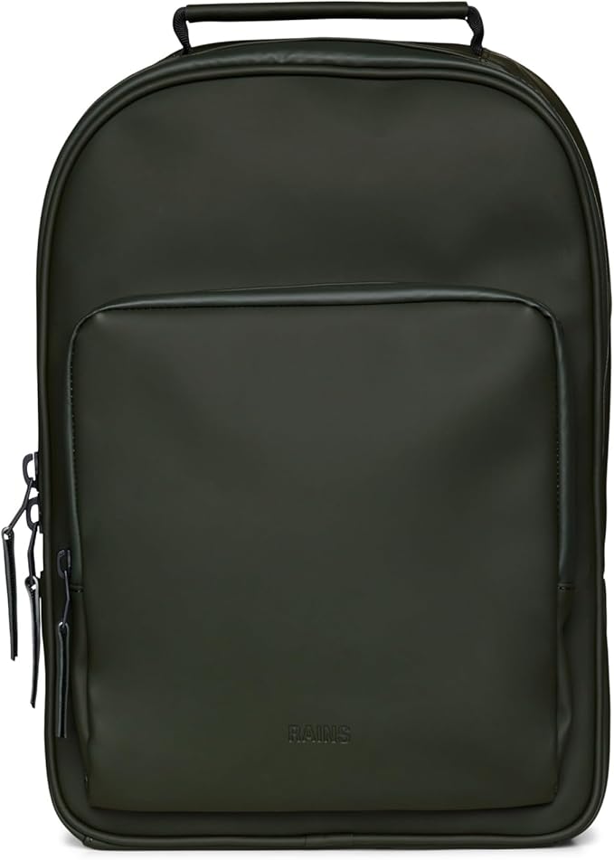 RAINS Book Daypack Large Green Laptop Backpack for Men and Women, Waterproof Black Minimalist Commuter Bag with 15”-16"