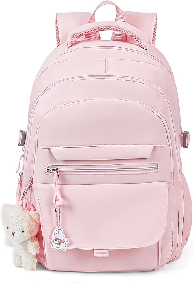 Girls Backpack for College High Middle School Student, Cute Aesthetic Bookbag for Teens Women with Accessories,Pink