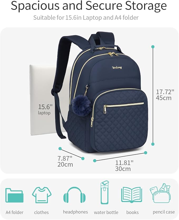 Laptop Backpack Women School Backpack for High School Teen Girls, Water Resistant College Bookbag with Charging Hole for Travel Work, Navy