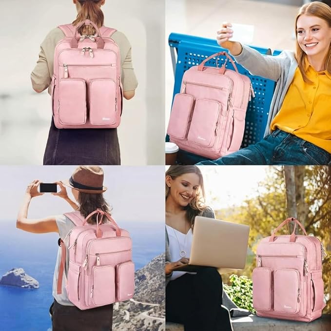 Mancro College Backpack for Women, 15.6 Inch TSA Laptop Bookbag with Mutiple Pockets, Large Capacity Book Bag for Teen Girl Students Casual Daypack Travel Backpacks, Pink