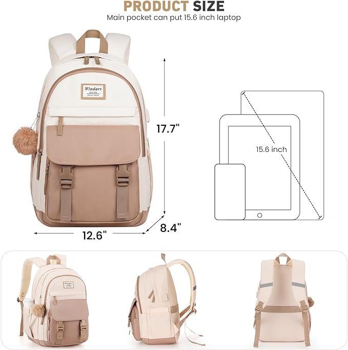 School Backpack for Teen Girls, Cute College Backpacks for Women Students Aesthetic Bookbag Large 15.6 Inch Laptop Bag Middle School Travel Back Pack (Khaki Beige)