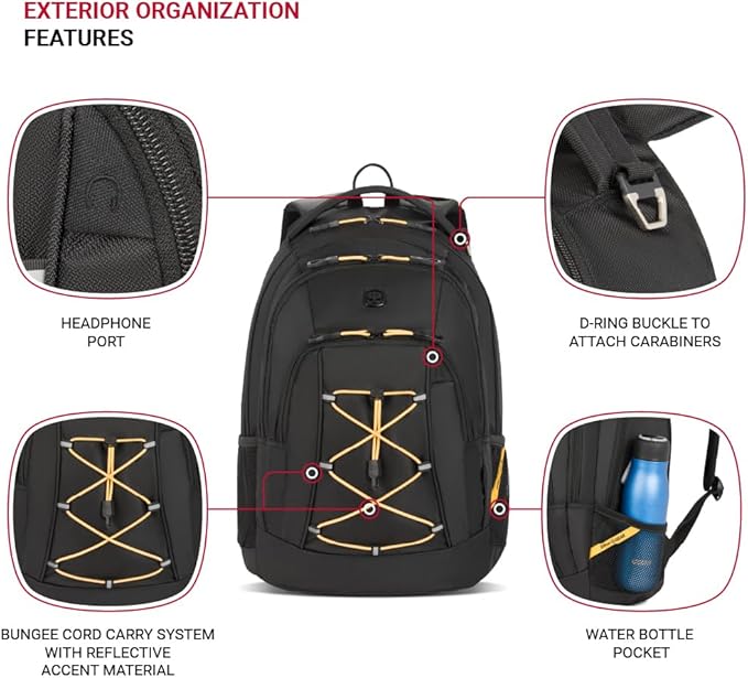 SwissGear 1186 Special Edition 13” Laptop Backpack Black/Gold – Compact Tech Bag with Reflective Accents – Multiple Organizer Pockets with Bungee Cords & D-ring Attachment Point