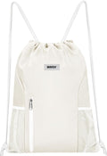 WANDF Drawstring Backpack Sports Gym Sackpack with Mesh Pockets Water Resistant String Bag for Women Men (Beige)