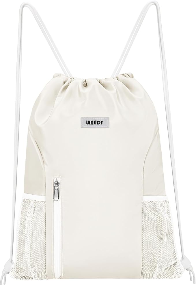 WANDF Drawstring Backpack Sports Gym Sackpack with Mesh Pockets Water Resistant String Bag for Women Men (Beige)