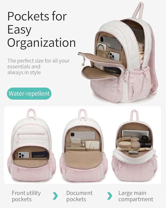 Bookbag for Women, Teen Girls Backpack for High School College Student, Puffer Quilted Back Pack Cute Laptop Backpack for Work Travel Mom Casual Daypack, Beige Pink