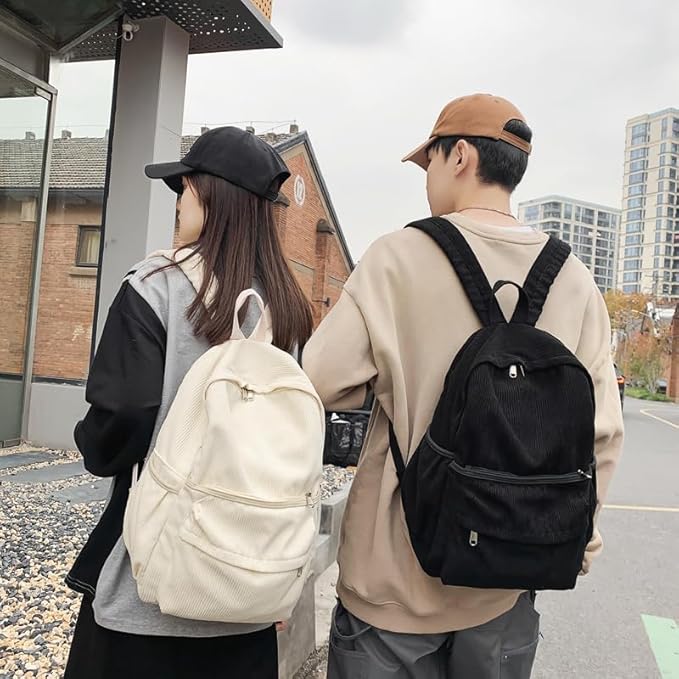 Aesthetic Backpack Cute Backpack Corduroy Backpack School Supplies Laptop Bag for Teens Girls Women Students Solid Color(Black)