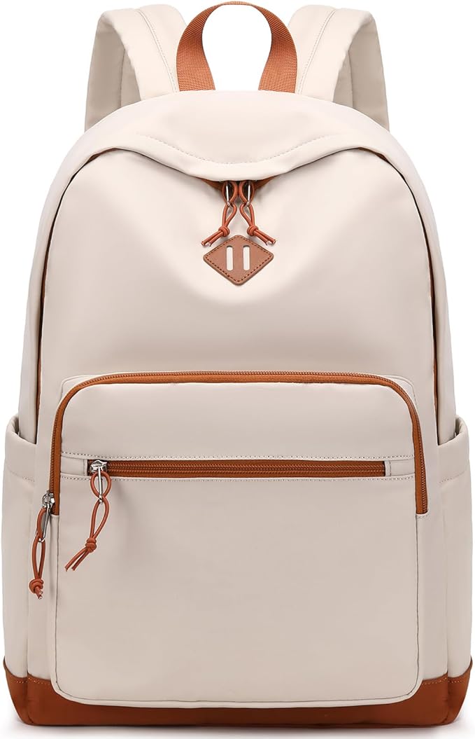 Lohol Classic Backpack for Girls Boys Teens, Lightweight Bookbag for School Travel College (Beige/Orange)