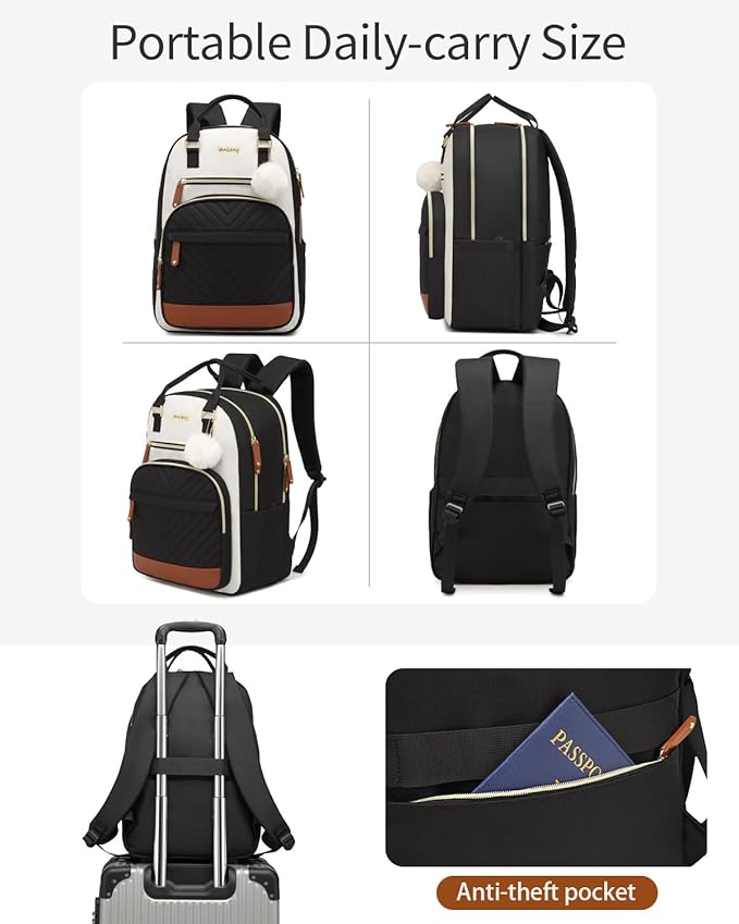 Womens Travel Backpack, Girls Bookbag with Charging Hole for High School, Cute Large Capacity Computer Bag for Work Casual, BeigeBlack Brown