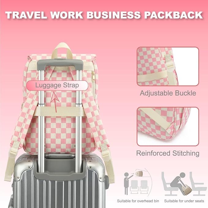 Women Laptop Backpack, Corduroy 15.6" Travel Backpack for Work College Business, Teacher Nurse Bag with Large Capacity School Bookbag Bags for Girls - Checkered Pink