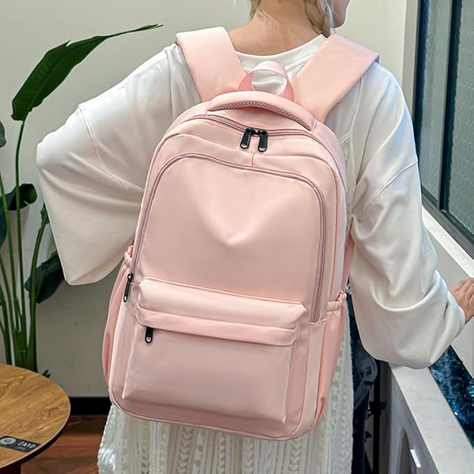 Cute College Backpack for School Aesthetic Backpack for Teen Girls Students Laptop Bag Large Capacity Bookbags Kids Travel Lightweight Backpacks for Casual Daypacks School Bag Solid Color(Pink)