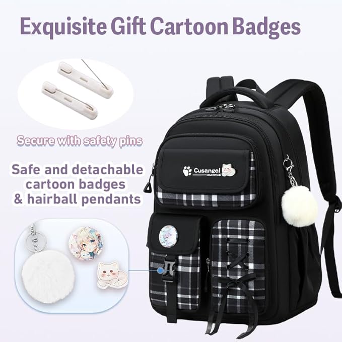 Cusangel Teen Girls Backpack for School, 18 inch Black Cute Daily BookBag, Large Capacity Waterproof Laptop Daypack