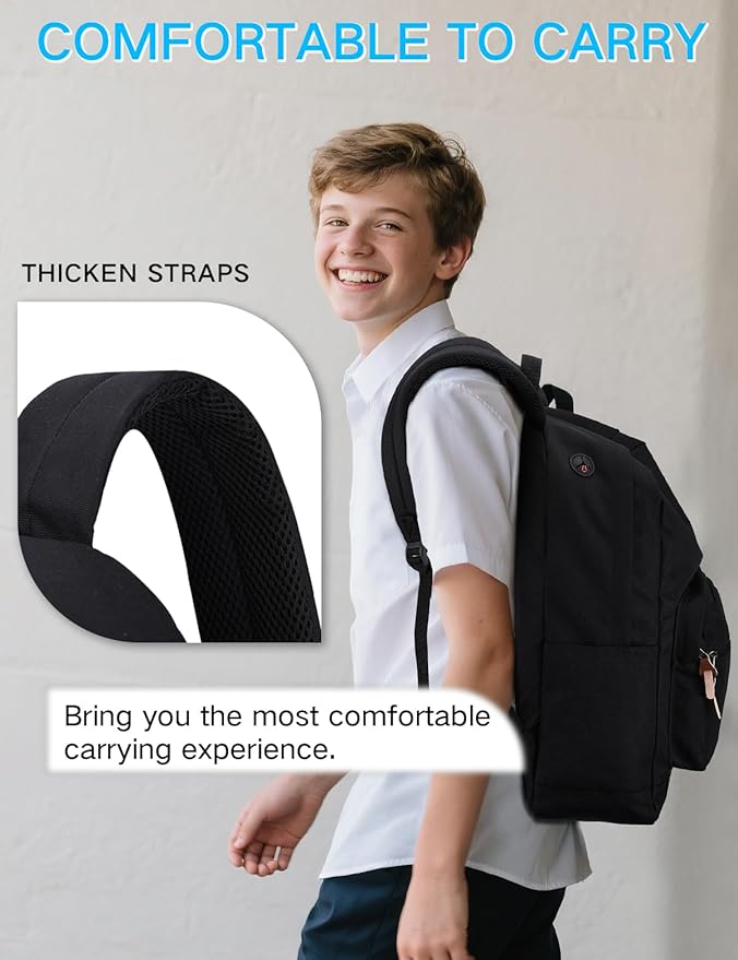 RAVUO Black School Backpack for Men Women | Classic College Bookbag for 15.6inch Laptop, Water Resistant Casual Daypack Schoolbag for Travel, Work