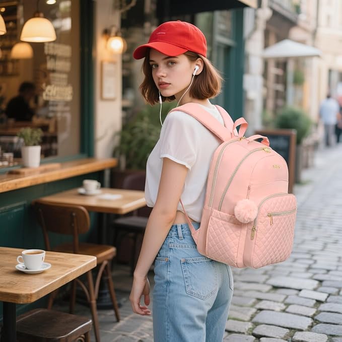 Girls Backpack, Cute Laptop Backpack with Charging Hole for Middle High College School, Water Resistant Daypack for Women Work Travel, Pink