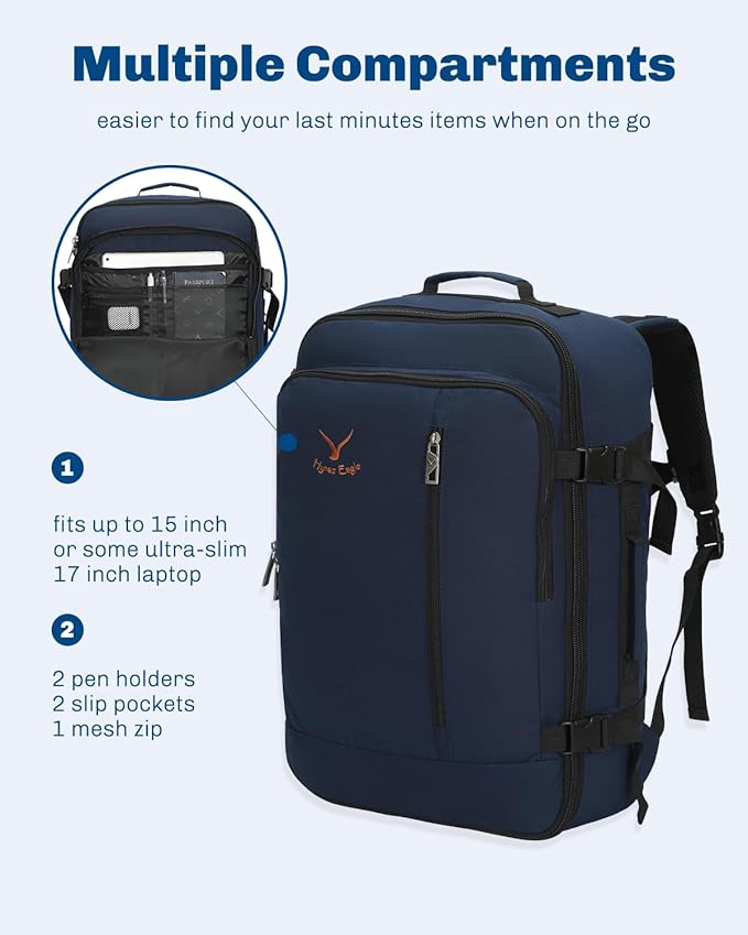 Hynes Eagle Carry on Backpack 38L Large Travel Backpack for Women Flight Approved Weekender Bag Laptop Backpack Men 15 inches Dark Blue