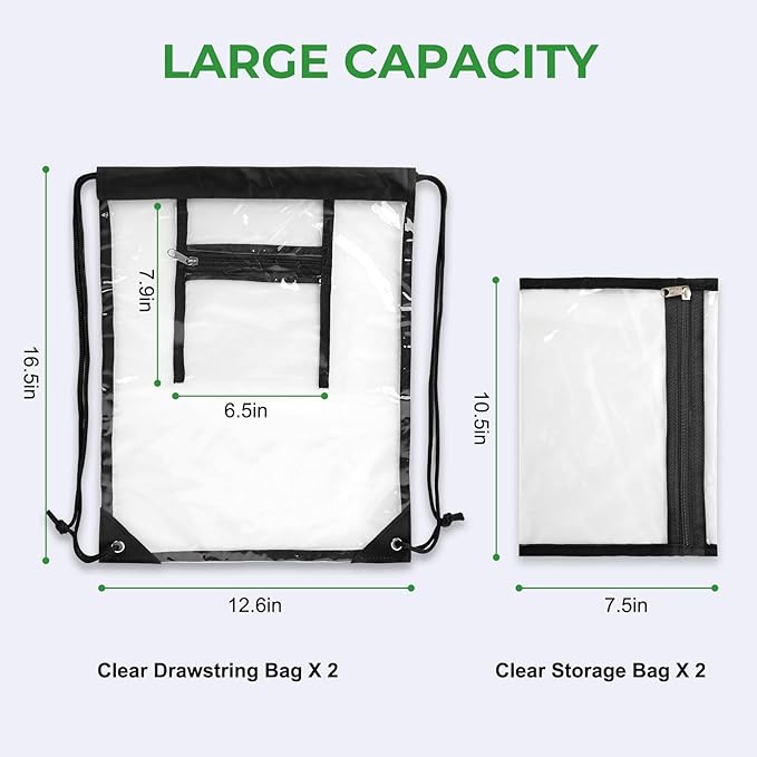 Clear Drawstring Bags, Transparent Storage Backpack for Stadium Approved, 2 Sets, Concert Baseball Festival Beach Makeup Bag(2, Black)