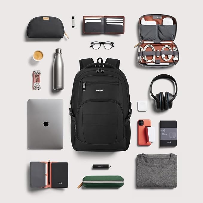 YAMTION Black Backpack for Men and Women, Laptop Backpack with USB Charging Port, School Backpack for Boys and Girls, Lightweight Bookbag, Work Backpack Fits 17.3 Inch Notebook