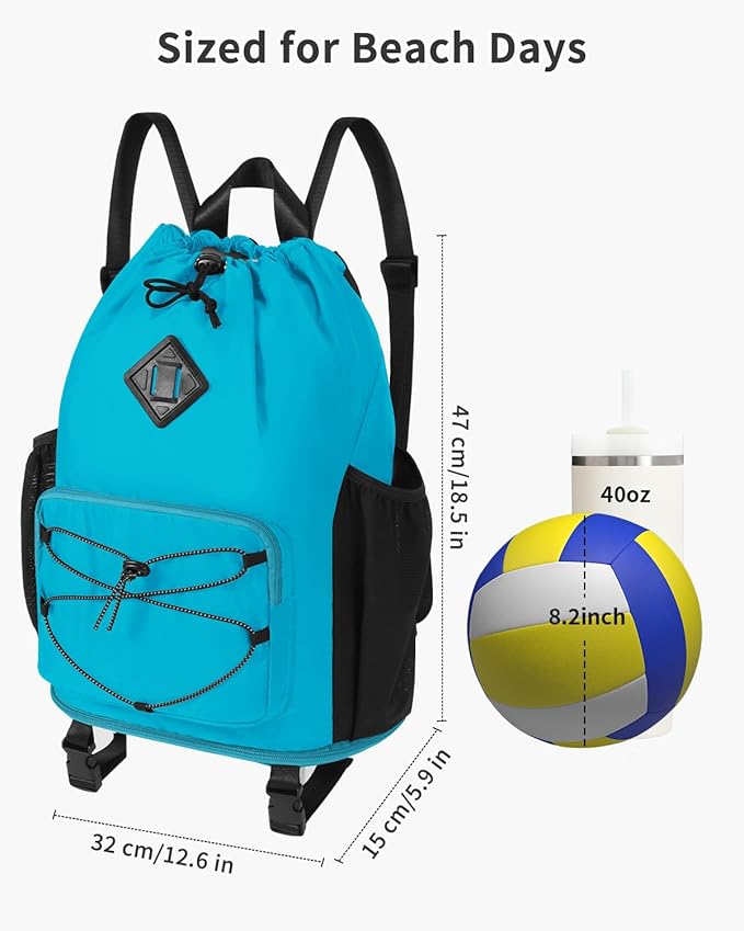 WANDF Drawstring Backpack with Removable Wet Pocket, Sandproof Beach Backpack with Bottom Compression Strap for Beach Mat, Swim Bag for Pool, Gym, Travel and Workout Gear (Teal)