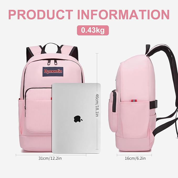Classic Casual Backpack, Lightweight Daypack with 10 Pockets, Laptop Compartment, EVA Foam Pad (Dark pink)