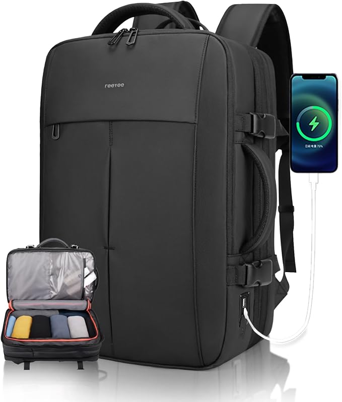 reeyee 45L Carry On Backpack for Men, TSA Flight Approved Travel Luggage Rucksack, Water-Resistant Business Weekender Bag, Fits 17.3 Inch Laptop, Black