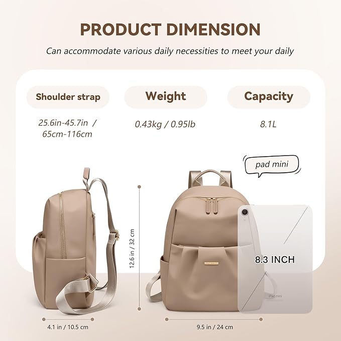 Small Backpack for Women, Cute Backpack Casual Work Daypack Purse for College Travel, fit 9.7 Inch,Champagne Brown
