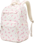 Girls Backpack, Lightweight School Backpack Multiple-pocket College Bookbag for Teen Girls Travel Backpack with Luggage Strap for Women, Beige with Pink Bow