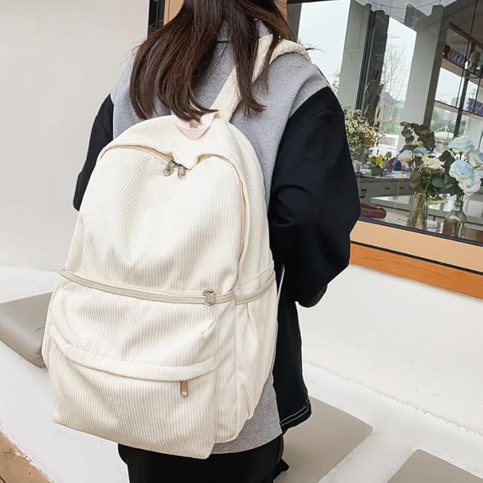 Aesthetic Backpack Cute Backpack Corduroy Backpack School Supplies Laptop Bag for Teens Girls Women Students Solid Color(White)
