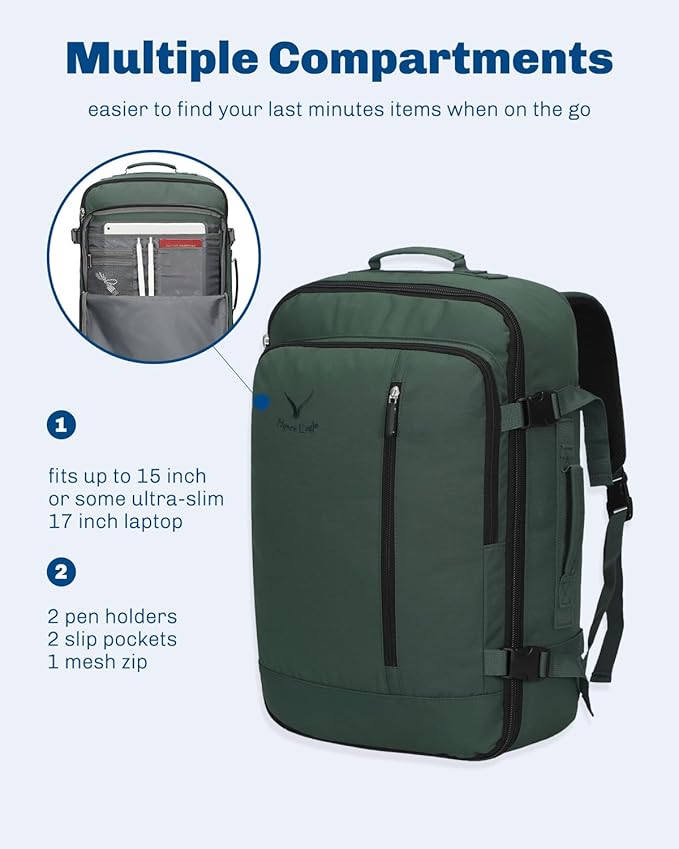 Hynes Eagle Carry on Backpack 38L Large Travel Backpack for Women Flight Approved Weekender Bag Laptop Backpack Men 15 inches Oliver Green