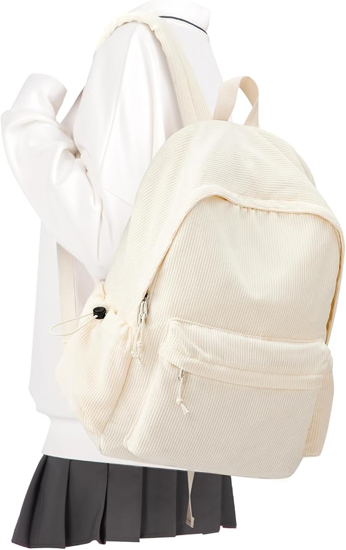 School Backpack for Teens Boys Girls Cute Corduroy Bookbag Classic Casual High School Bag Lightweight College Backpack For Women Men(Beige)