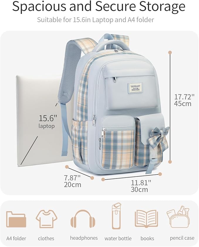 School Backpack for Teen Girls, Cute Bookbag Laptop Bag for Middle School Highschool College Women, Student Backpack Morral Escolar Niña (Blue)