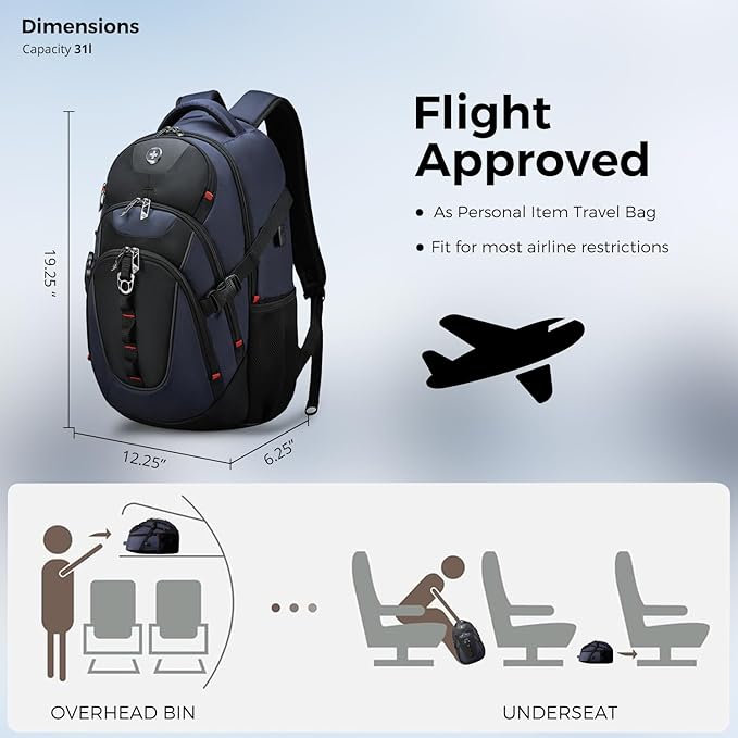 Swissdigital Design Laptop Backpack, Travel Backpack with USB Charging Port Fits 15.6 inches Computer, 31L College School Bookbag for Men, Blue/Black | SD803-12