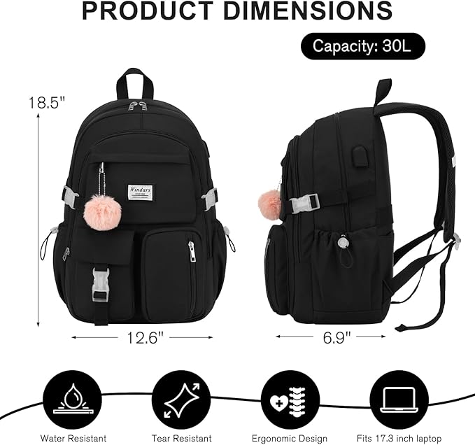 Backpack for Teen Girls, 17.3 Inch Laptop Backpack Cute Kids Bookbag for Middle School College Students, Large School Bag for Women (Black)