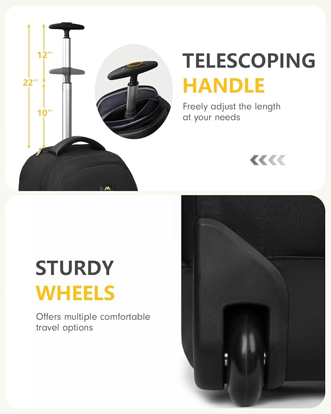 MATEIN Wheeled Backpack, 18 Inch Large Water Resistant Laptop Backpack with Wheels, Carry On Business Roller Bag for Women, Trolley Suitcase for Adults to Travel, Overnight Work Bag for College, Black