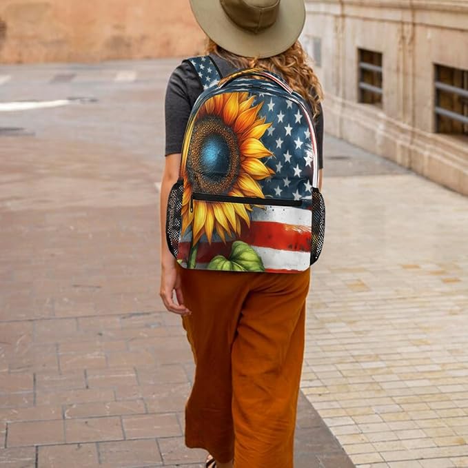 Pardick American Flag Sunflower Backpack for Kids Girls Boys Lightweight School College Students 18in Bookbag Large Capacity Computer Backpacks Laptop Rucksack Travel Gym Hiking Camping Daypack