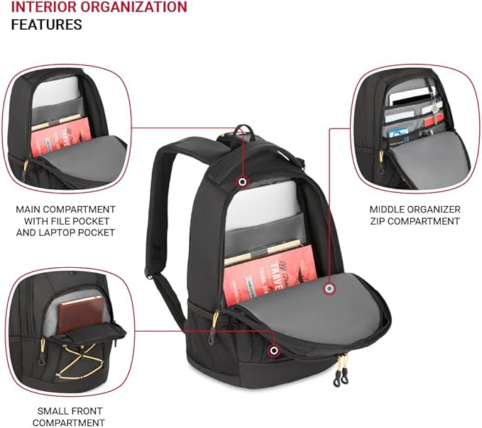 SwissGear 1186 Special Edition 13” Laptop Backpack Black/Gold – Compact Tech Bag with Reflective Accents – Multiple Organizer Pockets with Bungee Cords & D-ring Attachment Point