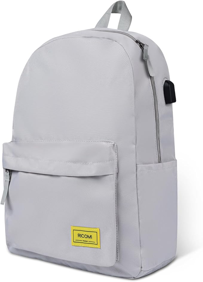 Premium Lightweight Laptop Backpack with USB Charging Port, Durable College School Bookbag, 2 Built-in Organizers, Padded 15.6-inch Laptop/Notebook Sleeve, Slim Water Resistant Bag, Beige Grey