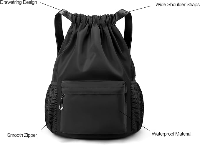 Drawstring Backpack for Women, Waterproof Drawstring Gym Bag for Men, Small Cinch Sack for Basketball, Pull String Sport Bag for Soccer. (Deep Blue)