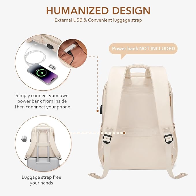Laptop Backpack for Women,Travel Backpack with Laptop Compartment,Casual Daypack College Bookbag Computer Work Backpack,Beige