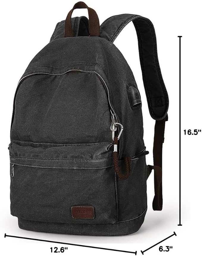 Muzze Canvas Backpack for Women and Men, Lightweight Classic Laptop Backpack with USB Charging Port for School, Travel and Daily Use, Black