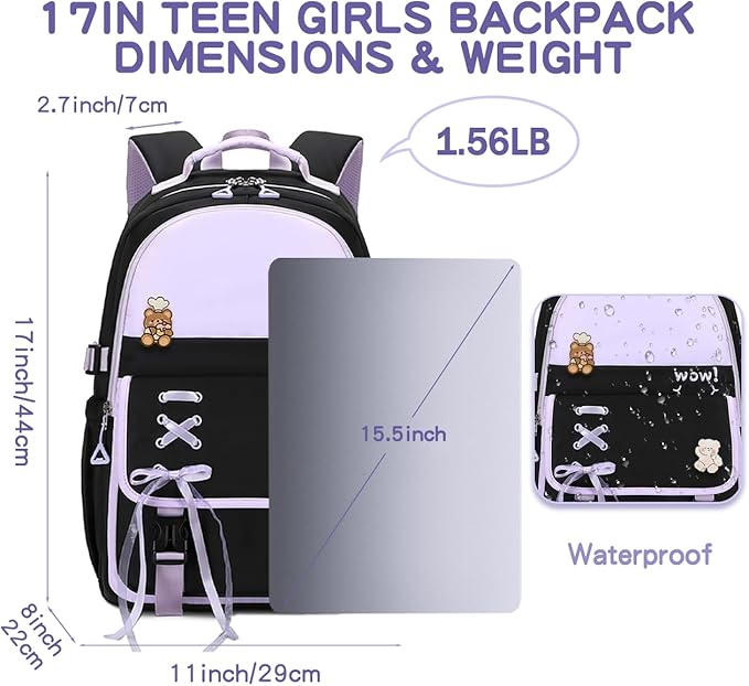 Cusangel Teen Girls Backpack,Girls Cute Backpack Big kids Elementary Middle High School College Student,17" Bookbag For 9Age+ boys(Purple)