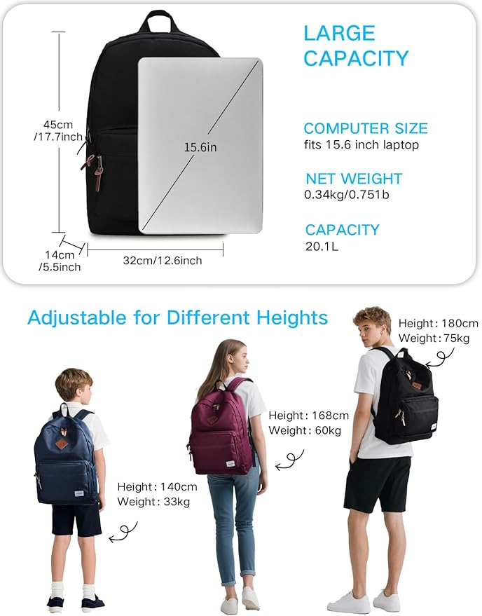 RAVUO Black School Backpack for Men Women | Classic College Bookbag for 15.6inch Laptop, Water Resistant Casual Daypack Schoolbag for Travel, Work