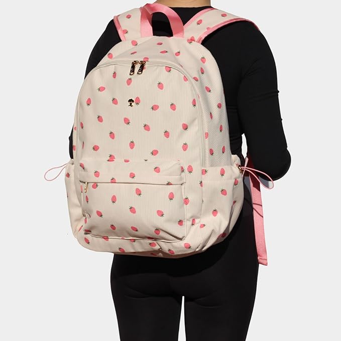 ESVAN Corduroy Backpack Lightweight Fashion 17 inch Laptop Bag for Women Casual College (Corduroy Pink strawberry)