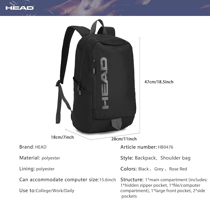HEAD Waterproof Gym Backpack for Women & Men, Compact Sport Backpack for Gym/Fitness/Work/Daily, College Laptop Bag for 15.6 inch Notebook